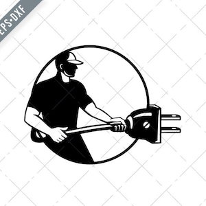 Electrician Electrical Mechanic Carrying Electric Plug Circle Retro Black and White