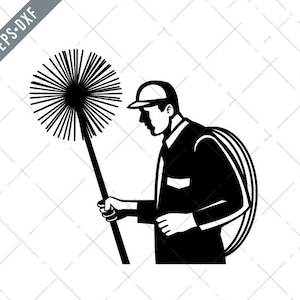 Schoorsteenveger met bezem en touw naar links gericht Retro zwart-wit Svg-SVG-schoorsteenveger gesneden bestand-DXF-jpg-png