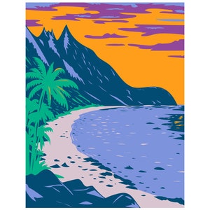 Könnte beinhalten: Eine digitale Illustration einer tropischen Strandszene mit einer Palme, einem weißen Sandstrand und einem blauen Meer. Der Hintergrund zeigt eine Bergkette und einen Sonnenuntergangshimmel in violetten und orangen Farbtönen.