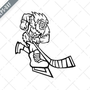 Yeti Ice Hockey Player Black and White SVG Cut File, Ice Hockey SVG, snowman Cut File, dxf, jpg, png, Yeti Clipart