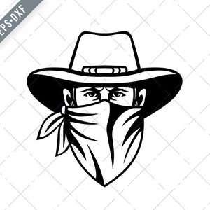Cowboy Bandit Outlaw Highwayman o Rapinatore di banca che indossa la maschera di fronte vista mascotte in bianco e nero Svg-Face Mask SVG-Cut File-DXF-jpg-png