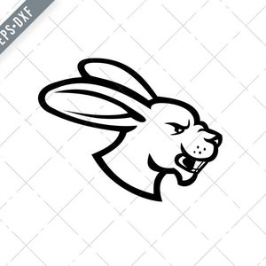 May include: Black and white line art illustration of a rabbit with a fierce expression. The rabbit's ears are long and pointed, and its eyes are narrowed. The rabbit's mouth is open, showing its teeth.