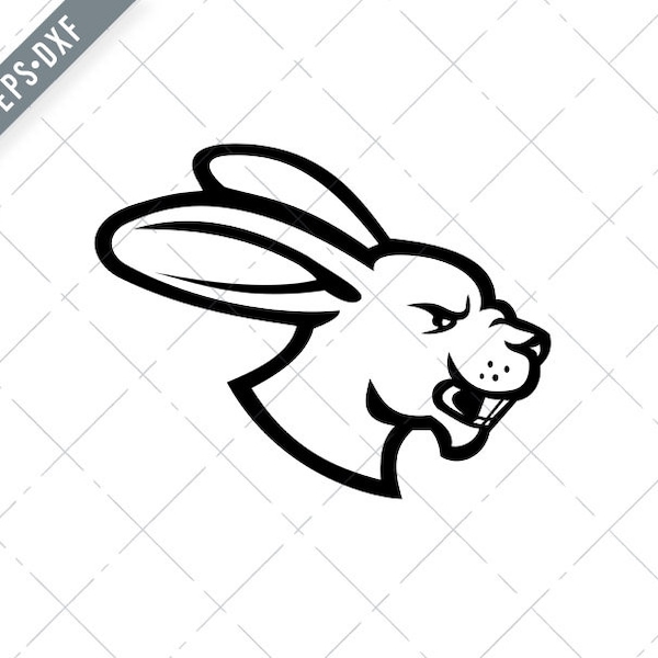 Angry Jackrabbit Hare Rabbit Head Side View Mascot Black and White Svg-Rabbit SVG-Hare Cut File-Jackrabbit DXF-jpg-png