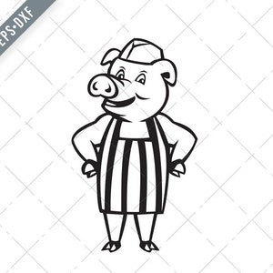 Carnicero Cerdo que lleva manos delantal en la cadera dibujos animados negro y blanco svg-carnicería SVG-cutter Archivo-DXF-jpg-png