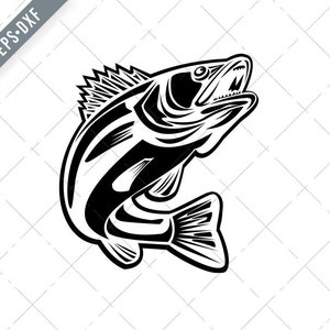 Op de afbeelding: Zwart-witte illustratie van een vis die uit het water springt. De vis heeft een gedetailleerd ontwerp met vinnen en schubben.