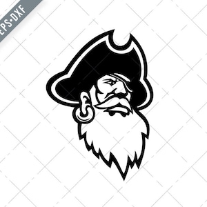 May include: Black and white illustration of a pirate with a long beard wearing a tricorn hat. The pirate is looking to the right.