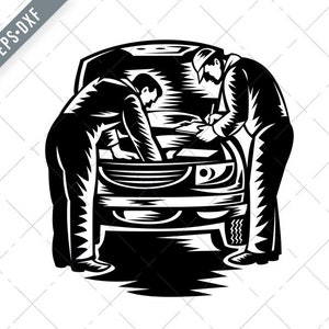 Automotive Mechanic Car Service and Repair Woodcut Zwart-Wit Svg-Mechanic SVG-Cut File-Automotive Mechanic DXF-jpg-png