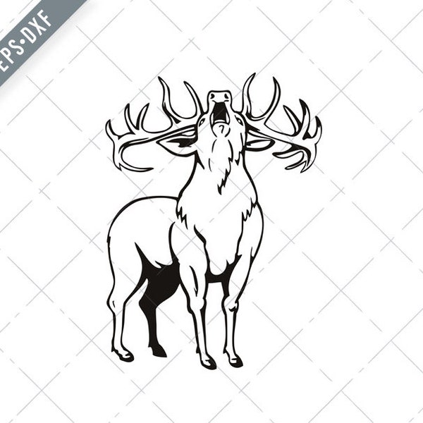 Red Deer Cervus Elaphus Brüllen von vorne Schablone schwarz und weiß Retro Svg-Red Hirsch SVG-cut Datei-DXF-jpg-png