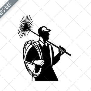 Schornstein Feger Holding Sweeper und Seil Seite Ansicht Retro schwarz und weiß SVG-Sweeper SVG-Chimney Sweep geschnitten Datei-DXF-jpg-png