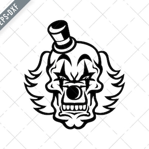 Cabeça do Assustador e Malvado Crânio de Palhaço de Face Branca Mascote Preto e Branco Svg-Evil Crânio de Palhaço de Face Branca SVG-Cut File-DXF-jpg-png