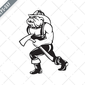 Bulldog Fireman Firefighter Walking With Fire Axe Cartoon  Svg-Bulldog Fireman SVG-Fireman Cut File-Firefighter DXF-jpg-png