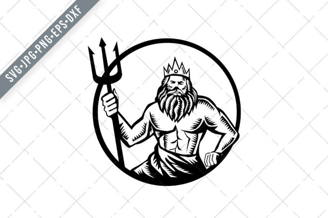 Poseidon Holding Trident Circle Woodcut Black and White Svg-neptune Svg ...