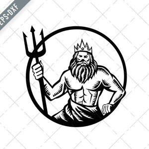 Poseidon Holding Trident Circle Woodcut Black and White Svg-neptune SVG-Poseidon Cut File-Trident DXF-jpg-png