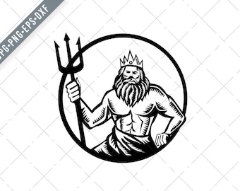 Poseidon Holding Trident Circle Woodcut Negro y Blanco Svg-Neptune SVG-Poseidon Cut File-Trident DXF-jpg-png