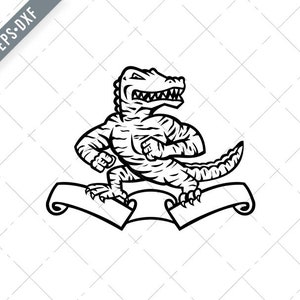 May include: Black and white line art illustration of an alligator or crocodile with a muscular build, standing on a scroll banner. The alligator is in a running pose with its mouth open and teeth showing.