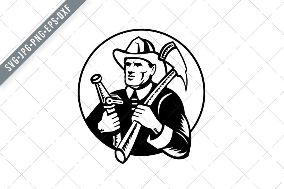 Fireman Holding Fire Axe and Hose Circle Woodcut Retro Black and White ...
