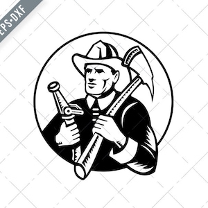 Pompiere che tiene l'ascia di fuoco e il tubo cerchio Woodcut Retro nero e bianco SvG-Cut File-DXF-jpg-png