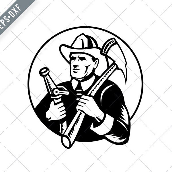 Fireman Holding Fire Axe and Hose Circle Woodcut Retro Black and White Svg-firefighter SVG-Cut File-DXF-jpg-png