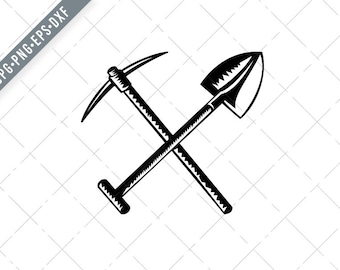 Crossed Spade or Shovel and Mining Pick Ax Pickaxe Pick-Axe or Pick Retro Woodcut Black and White Svg-MiningSVG-Cut File-DXF-jpg-png