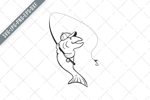 Trout Fish With Fishing Rod and Reel Cartoon Black and White Svg