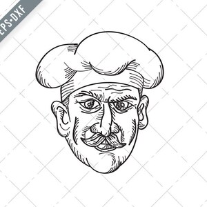 Kopf der italienischen Chef Koch Bäcker oder Lebensmittelarbeiter tragen Schnurrbart Front Ansicht Zeichnung Retro schwarz und weiß Svg-Chef SVG-Cut Datei-DXF-jpg-png