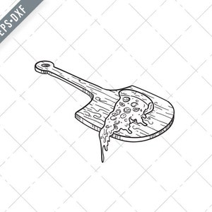 Tabla de paddle de madera de pizza o pelar con pizza rebanada y queso de fusión dibujo negro y blanco Svg-Pizza Paddle SVG-Cut Archivo-DXF-jpg-png