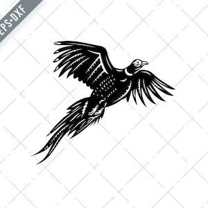 May include: Black and white illustration of a pheasant in flight, wings spread wide. The bird's feathers are detailed, and the image has a vintage, graphic style. The background is a white diamond pattern.