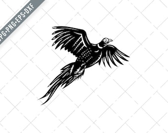 Ring-Necked Pheasant Flying Retro Black and White Svg-game bird SVG-Cut File-DXF-jpg-png