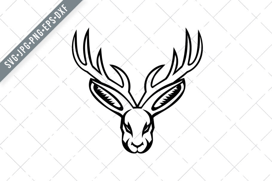 Head of a Jackalope Front View Mascot Black and White Svg-Jackalope SVG-jackrabbit Cut File-DXF-jpg-png