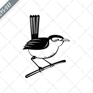 Wren braun Passerine Vogel Perching auf Zweig Retro schwarz und weiß Svg-Wren SVG-Cut Datei-DXF-jpg-png