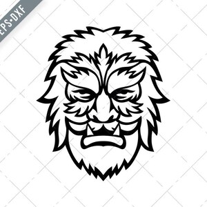 May include: Black and white line art illustration of a fierce, hairy monster face with a wide open mouth and sharp teeth.
