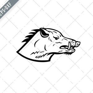 May include: Black and white line art illustration of a wild boar or pig head with a tusk.