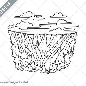 Puede incluir: Un dibujo en blanco y negro de un cañón con nubes en el cielo. El cañón se representa con una serie de líneas que crean una sensación de profundidad y perspectiva. Las nubes son simples y estilizadas, añadiendo un toque de fantasía a la escena.