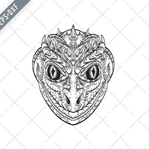 Könnte beinhalten: Schwarz-weiß-Linienkunst-Illustration eines detaillierten, komplizierten, stilisierten Eidechsenkopfes mit großen Augen.