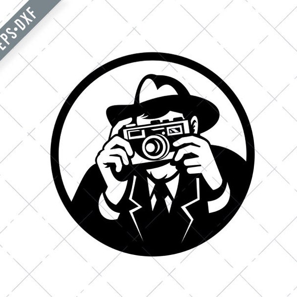 Photographer Wearing Fedora Shooting Camera Retro Black and White Svg-Camera SVG-photography Cut File-Photographer DXF-jpg-png