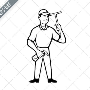 Fensterreiniger Halten Squeegee und Spray Flasche Cartoon schwarz weiß Svg-Industrie reiniger SVG-Reiniger geschnitten Datei-Fenster Reiniger DXF-jpg-png