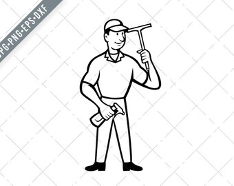Window Cleaner Holding Squeegee and Spray Bottle Cartoon Black White Svg-Industrial Cleaner SVG-Cleaner Cut File-Window Cleaner DXF-jpg-png