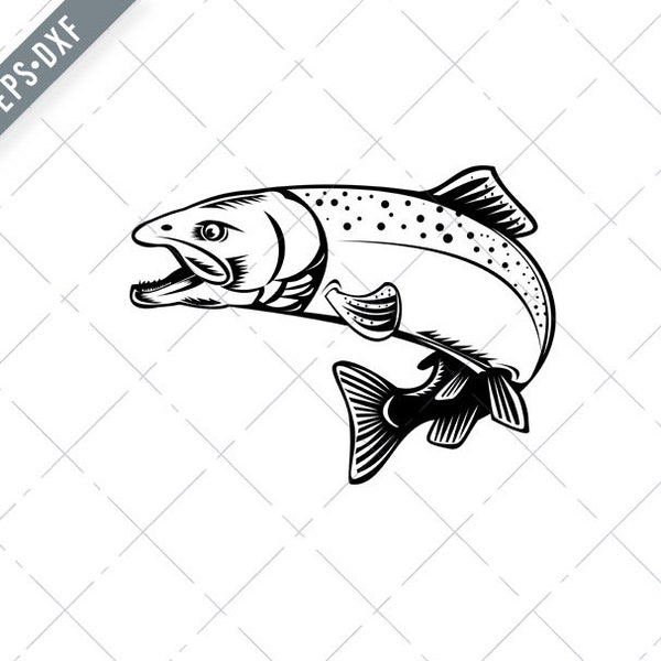 Chinook Salmon Oncorhynchus Tshawytscha Quinnat Salmon King Salmon or Chrome Hog Retro Woodcut Black and White Svg-SVG-Cut File-DXF-jpg-png