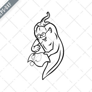 Rote Chili Pfeffer tragen Oma Gläser Nähen Tuch mit Nähnadel Maskottchen schwarz und weiß Svg-Chili Pfeffer SVG-Cut Datei-DXF-jpg-png
