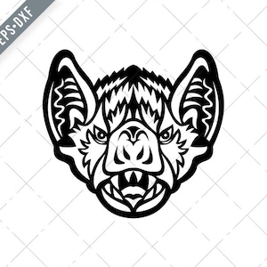 Głowa wampira lub wampira białoskrzydłego Widok z przodu Czarno-biały maskotka Svg-włochaty-nogi wampir nietoperz SVG-Cut File-DXF-jpg-png