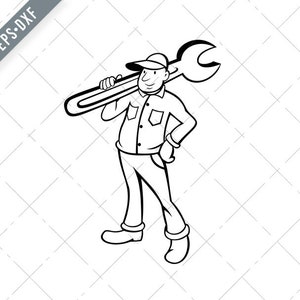 May include: A black and white line drawing of a person wearing a cap and holding a wrench over their shoulder.