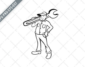 Plumber Holding Pipe Wrench Cartoon Black and White Svg-Plumber SVG-Plumber Cut File-handyman DXF-jpg-Plumber png