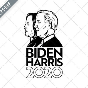 May include: Black and white illustration of Joe Biden and Kamala Harris with the text "Biden Harris 2020" below.