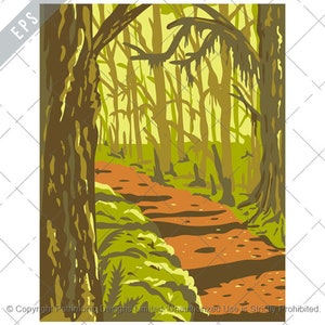 May include: A vintage-style illustration of a path winding through a lush green forest. The path is made of orange-brown stones and is surrounded by tall trees with green leaves. The forest is filled with sunlight, creating a warm and inviting atmosphere.