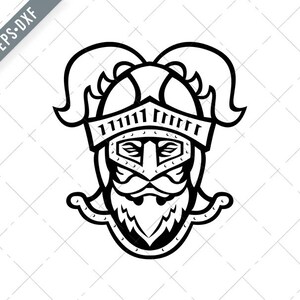 Op de afbeelding: Zwart-witte lijntekening van een ridders hoofd met helm, baard en puntige kin.