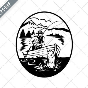 Forelle Fischer auf Boot Angeln in See mit Rod und Reel Hooking Fisch Retro schwarz und weiß Svg-Boot Angeln SVG-Cut Datei-DXF-jpg-png