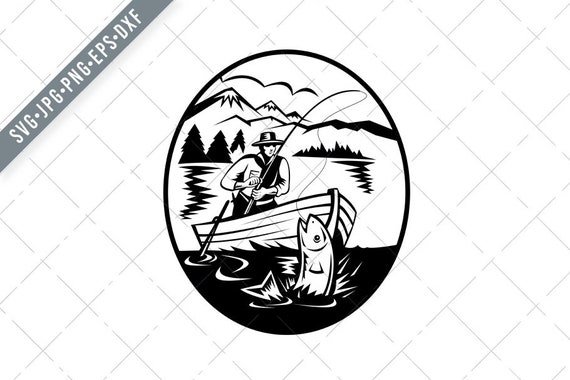 black and white trout with fishing pole Trout Fisherman on Boat Fishing in Lake with Rod and Reel Hooking Fish  Retro Black and White Svg-boat fishing SVG-Cut File-DXF-jpg-png