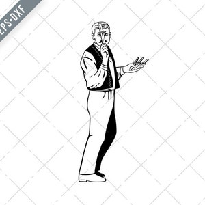 May include: A black and white illustration of a person holding a set of tools in their right hand. The person is wearing a vest and pants.