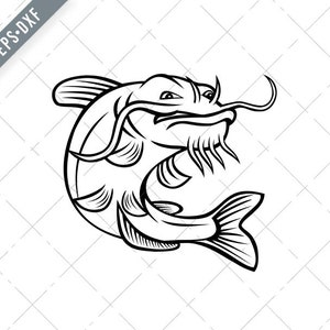 Channel Catfish Ictalurus Punctatus of Channel Cat Jumping Up Cartoon Zwart en Wit Svg-Channel Cat SVG-Catfish Cut File-DXF-jpg-png
