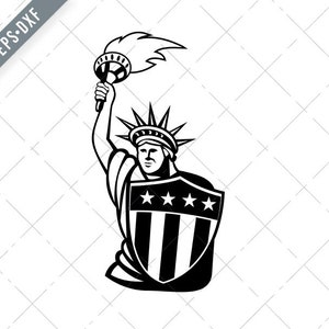Lady Liberty com tocha e mascote do escudo americano com estrelas e listras dos EUA preto e branco Svg-estátua da liberdade SVG-Cut File-DXF-jpg-png
